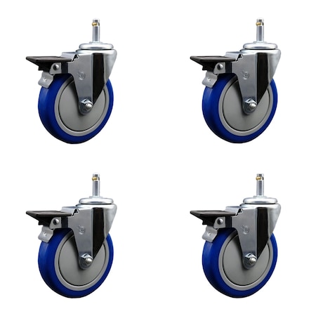 Service Caster 5'' Blue Poly Swivel 7/16'' Grip Ring Stem Caster Set with Brake, 4PK SCC-GR20S514-PPUB-BLUE-PLB-716138-4